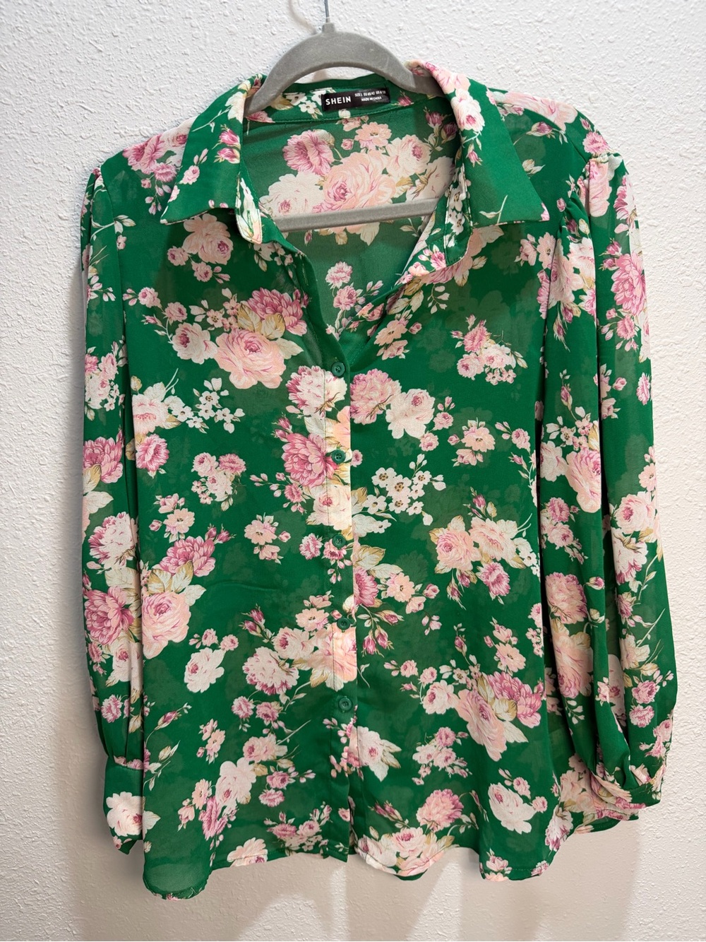 SHEIN Green Floral Button-Down Shirt with Pink & Cream Blooms